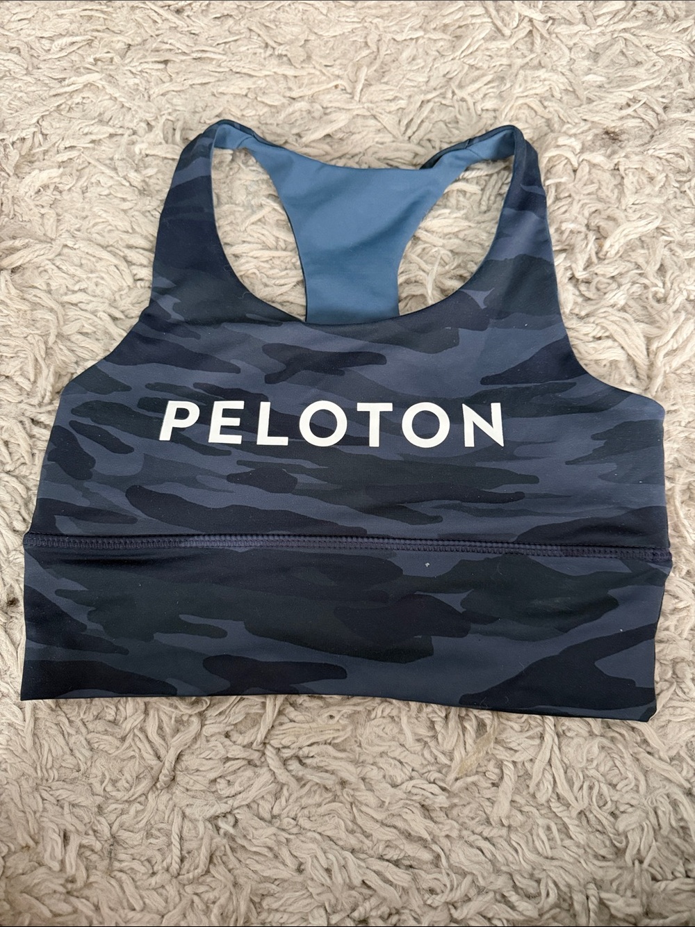 Peloton Blue Camo Racerback Sports Bra